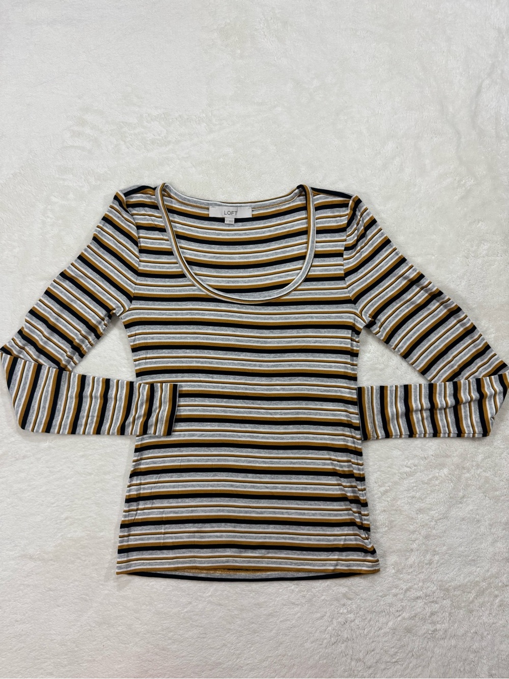 LOFT Striped Scoop Neck Long Sleeve Top Small Mustard Black Gray